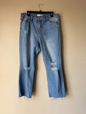 Distressed straight leg raw hem cropped stretch denim vervet light wash size 32